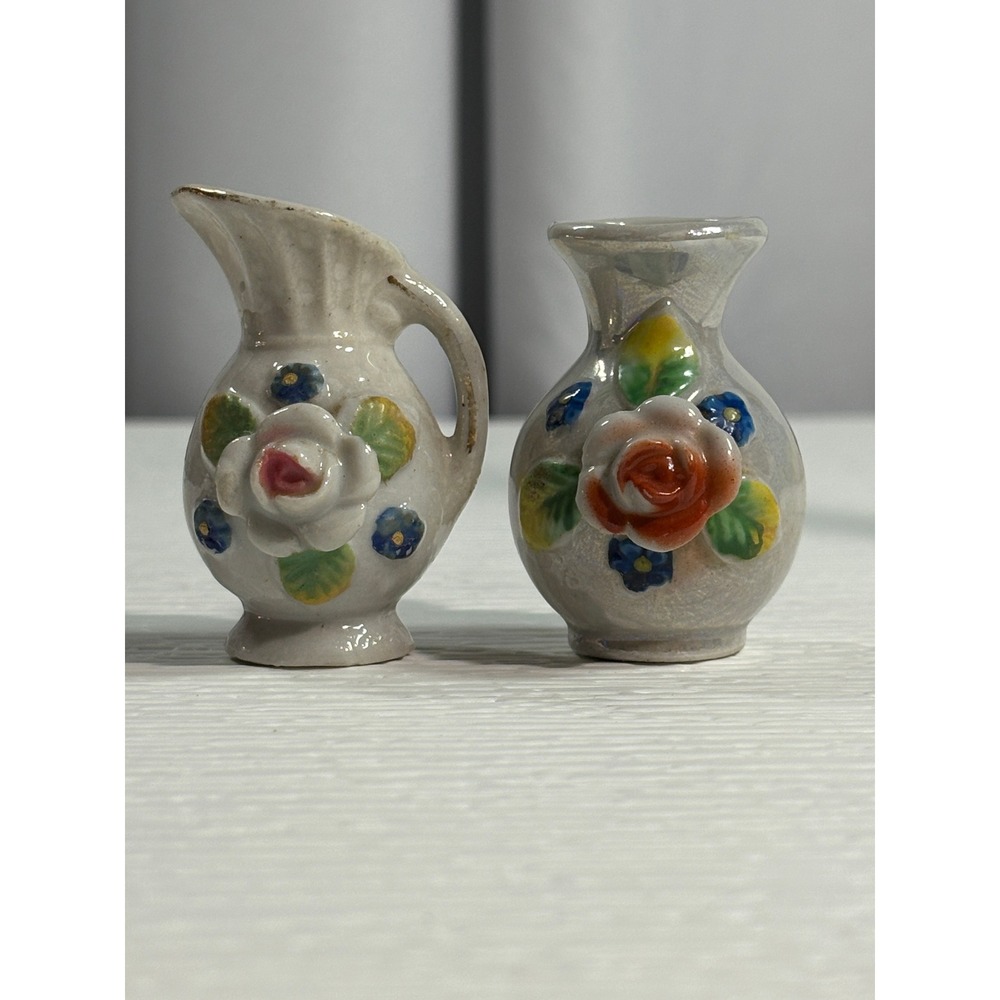 Vintage Made in Occupied Japan Miniature Floral Pitcher and Vase Set S0087